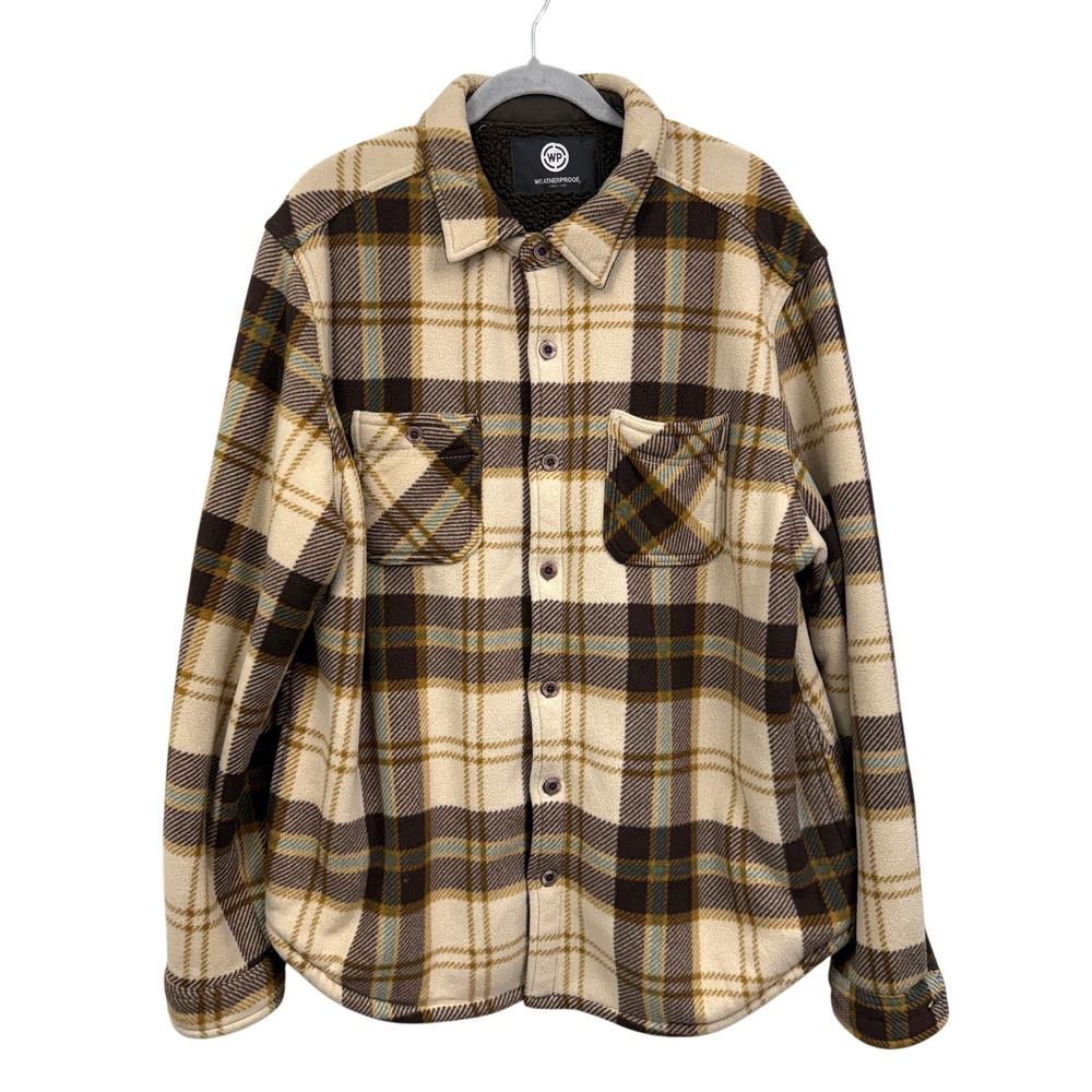 Weatherproof Men's XXL Fleece Sherpa Lined Plaid Shacket Jacket Beige Brown